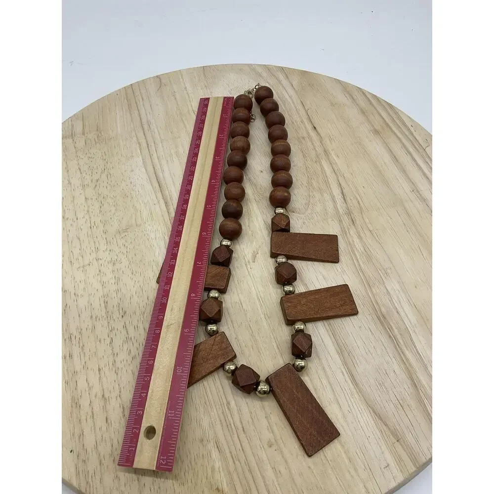 Necklace Brown Wood‎ Beaded Rectangle Pendant Statement 22 In Lobster Womens